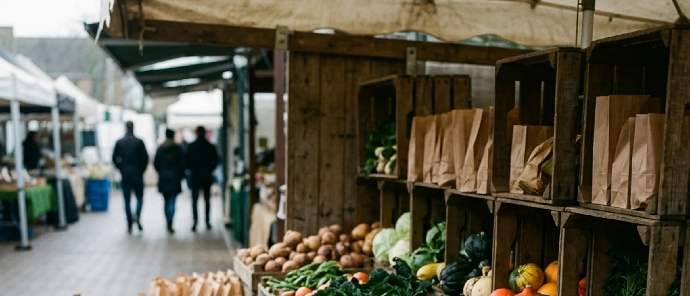 An ordinary local market stall in soft morning daylight with wooden crates and paper bags.